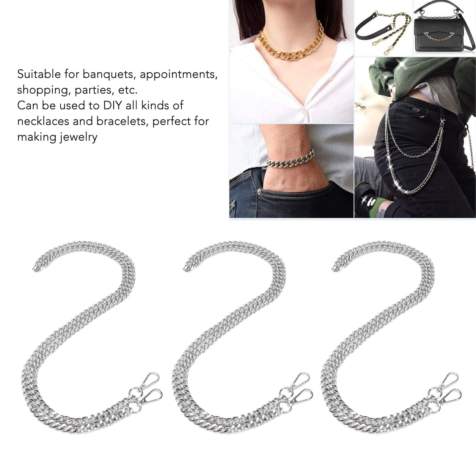 Blanketswarm 5 Cadenas de Bolso de 1,2 M, Correa de Cadena Plana de Repuesto de Metal para Bolso con Hebillas, Bolso de Mano, Bolso Bandolera, Accesorios de Correa de Cadena DIY(Plata)