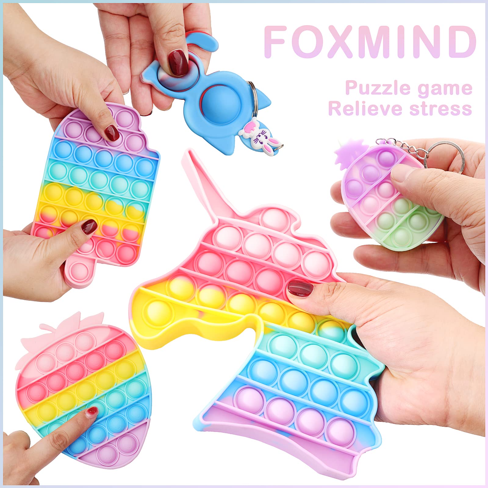 (55 Pcs) Fidget Toy Pack Push Popping Bubble Mini Fidgets Toys Keychain Set, Tangle Fidget