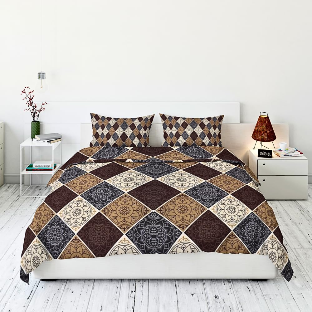 Double Bed Cotton Bed Sheet with 2 Pillow Covers (King, Brown Diamond)