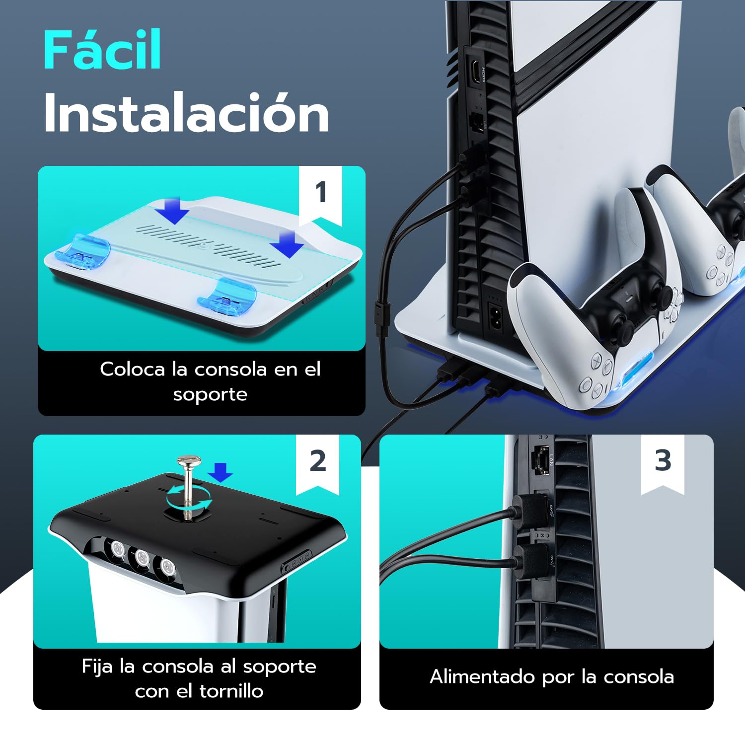 Soporte para PS5 Pro/Slim, luces LED, estación de refrigeración con carga dual