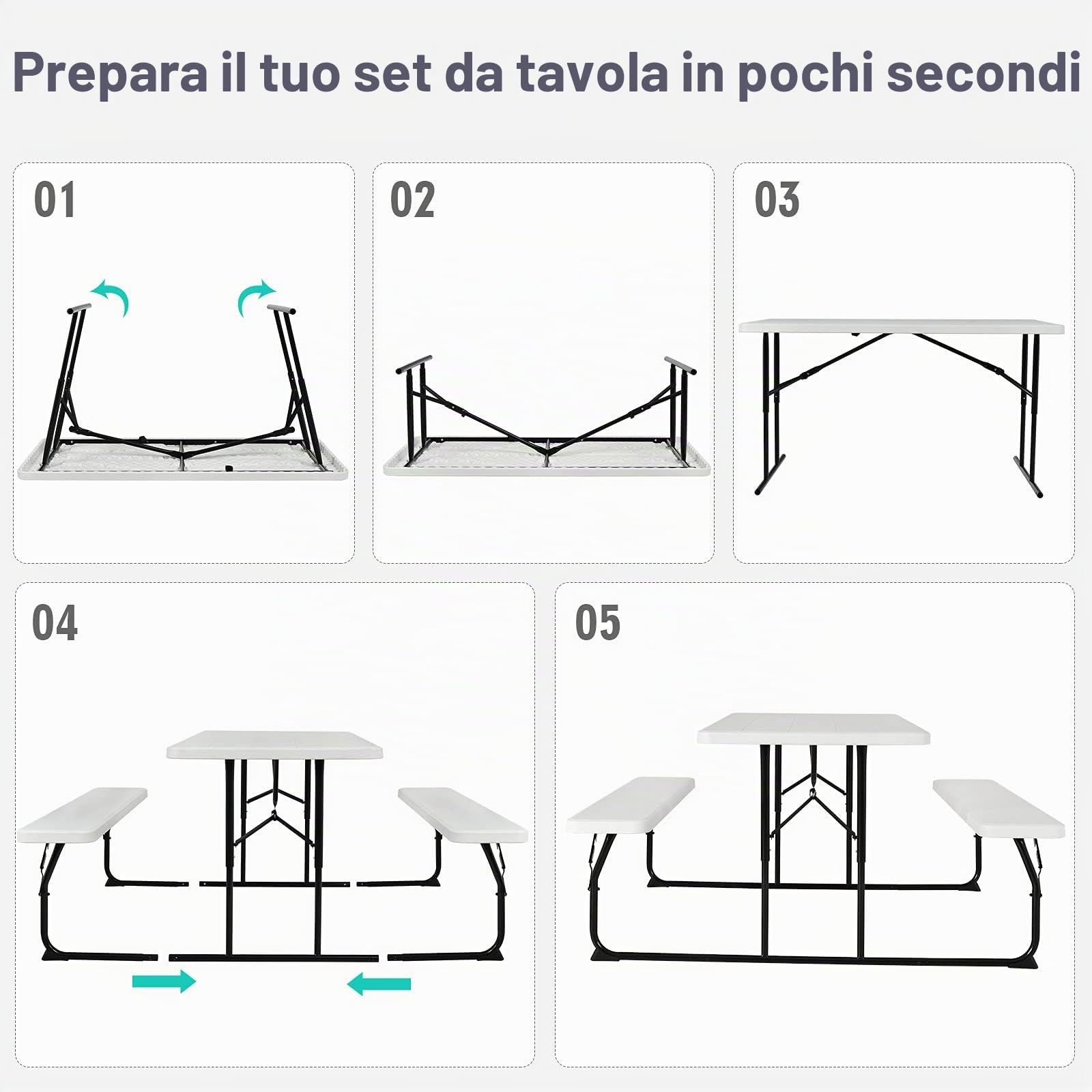 KOMFOTTEU Tavolo da campeggio con sedie, pieghevole, 3 pezzi, con 1 tavolo da birra e 2 panche, tavolo da picnic pieghevole e salvaspazio, set da campeggio portatile per esterni (bianco)