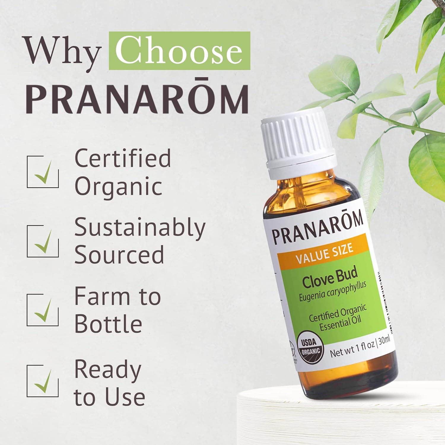 Pranarom USDA Certified Organic Clove Essential Oil (30ml), 100% Pure Undiluted Therapeutic Grade from Sri Lanka & Madagascar for Aromatherapy, Diffuser, Immune Support, DIY Cleaning, Warm Scent