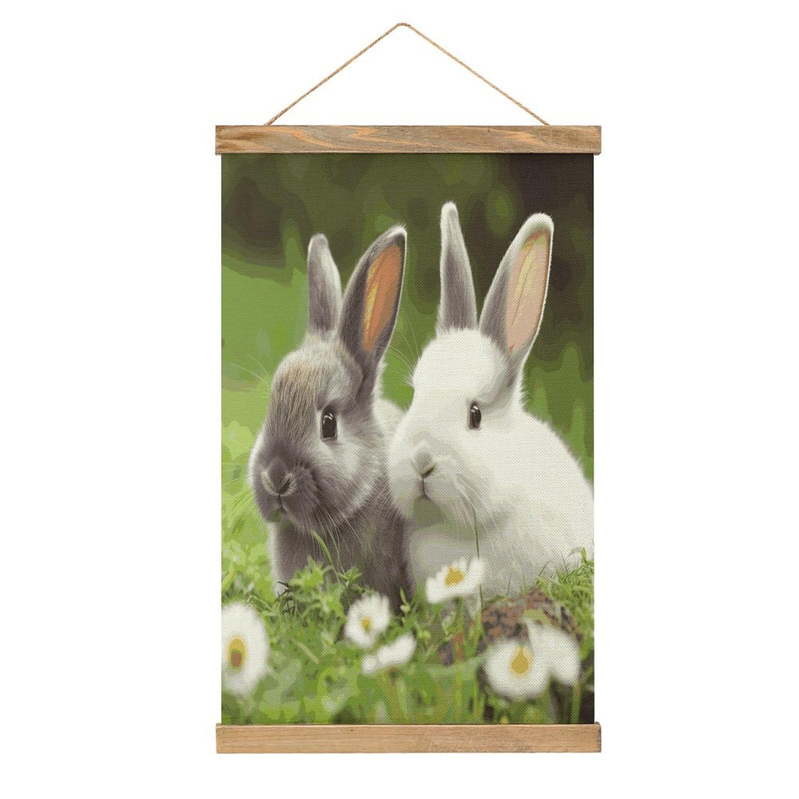 VstaDank Two Little Cute Rabbits Poster with Wooden Frame Hanger Art Painting Wall Decor Poster Wall Hanging Wooden Frame 13x20 Wood Poster Hanger for Photo Picture Art Canvas Print Artwork