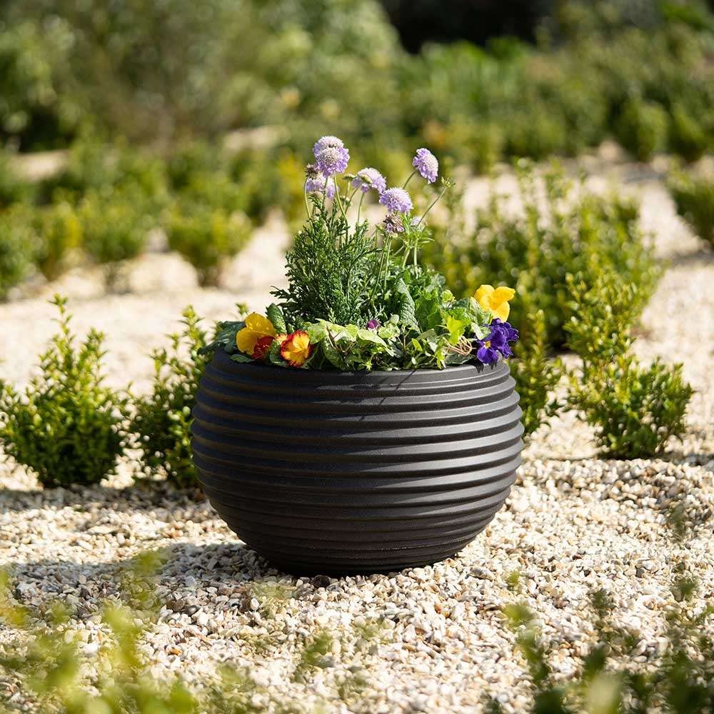 Primrose Round Black Planter Pot 54cm Bowl Fibrestone Flower Container Weather Resistant