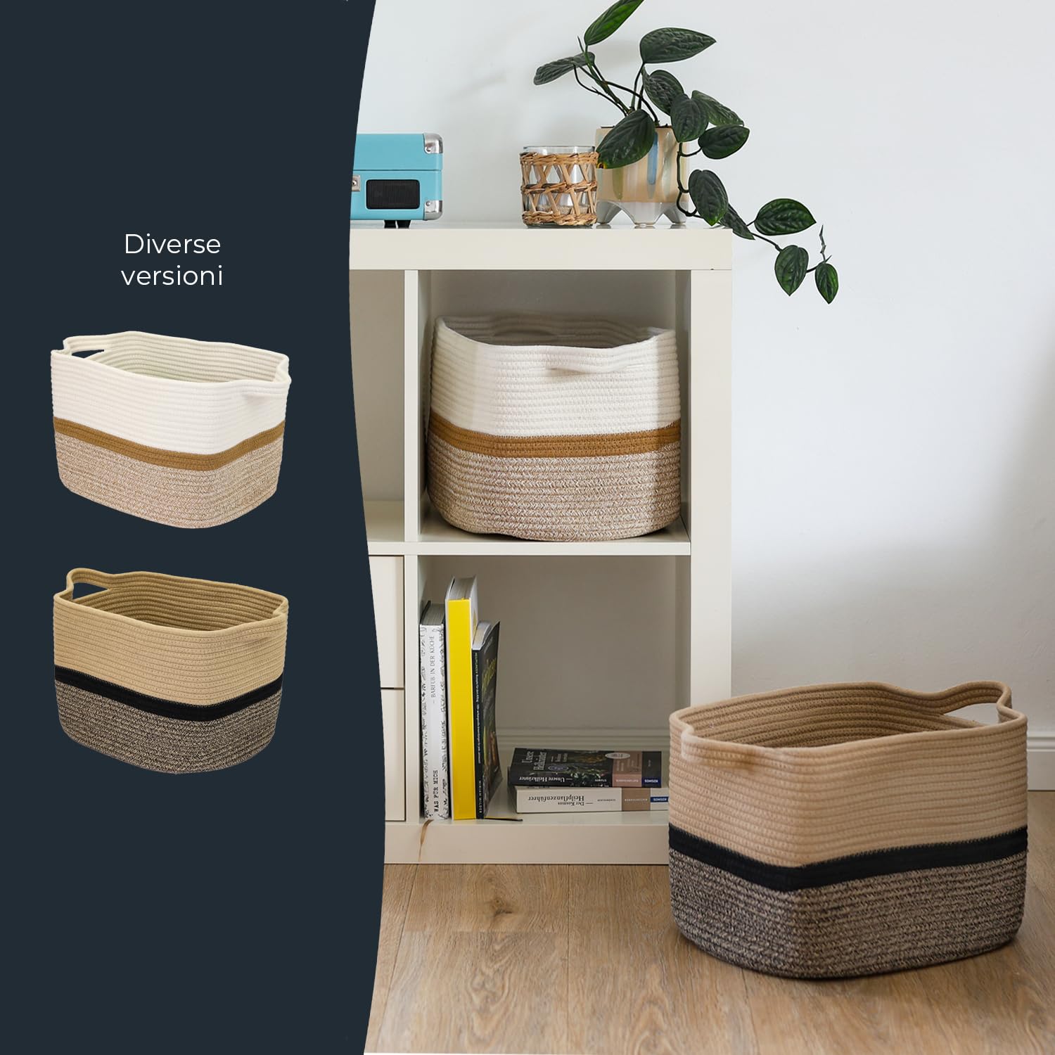 Cestino portaoggetti HMF con manici allungati, cestino in cotone | 36 x 30 x 25 cm | Bianco-Marrone