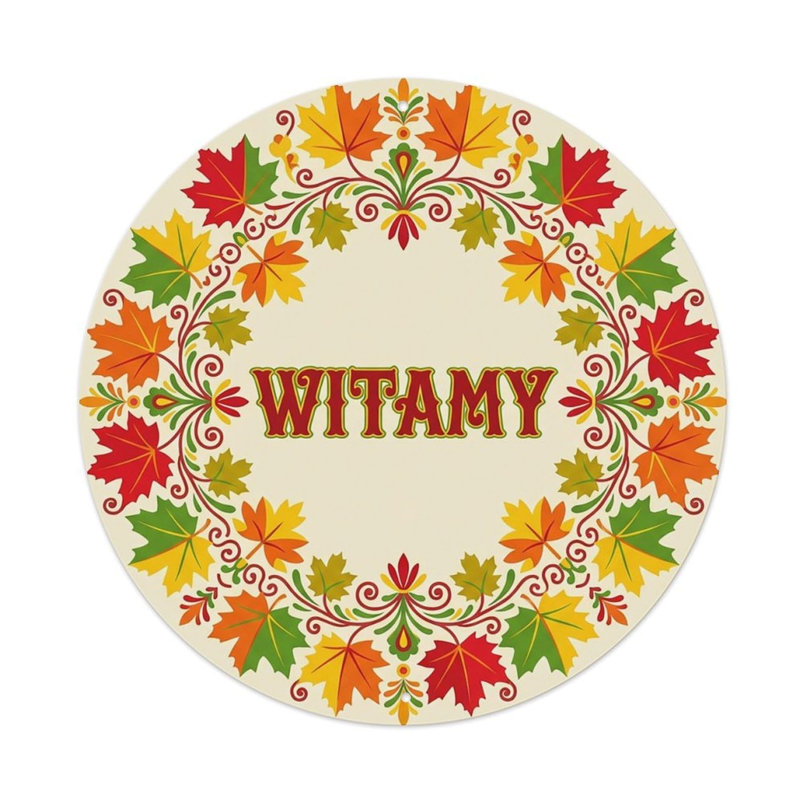 Vintage Polish Folk Art Witamy Welcome Maple Leaves Metal Tin Sign