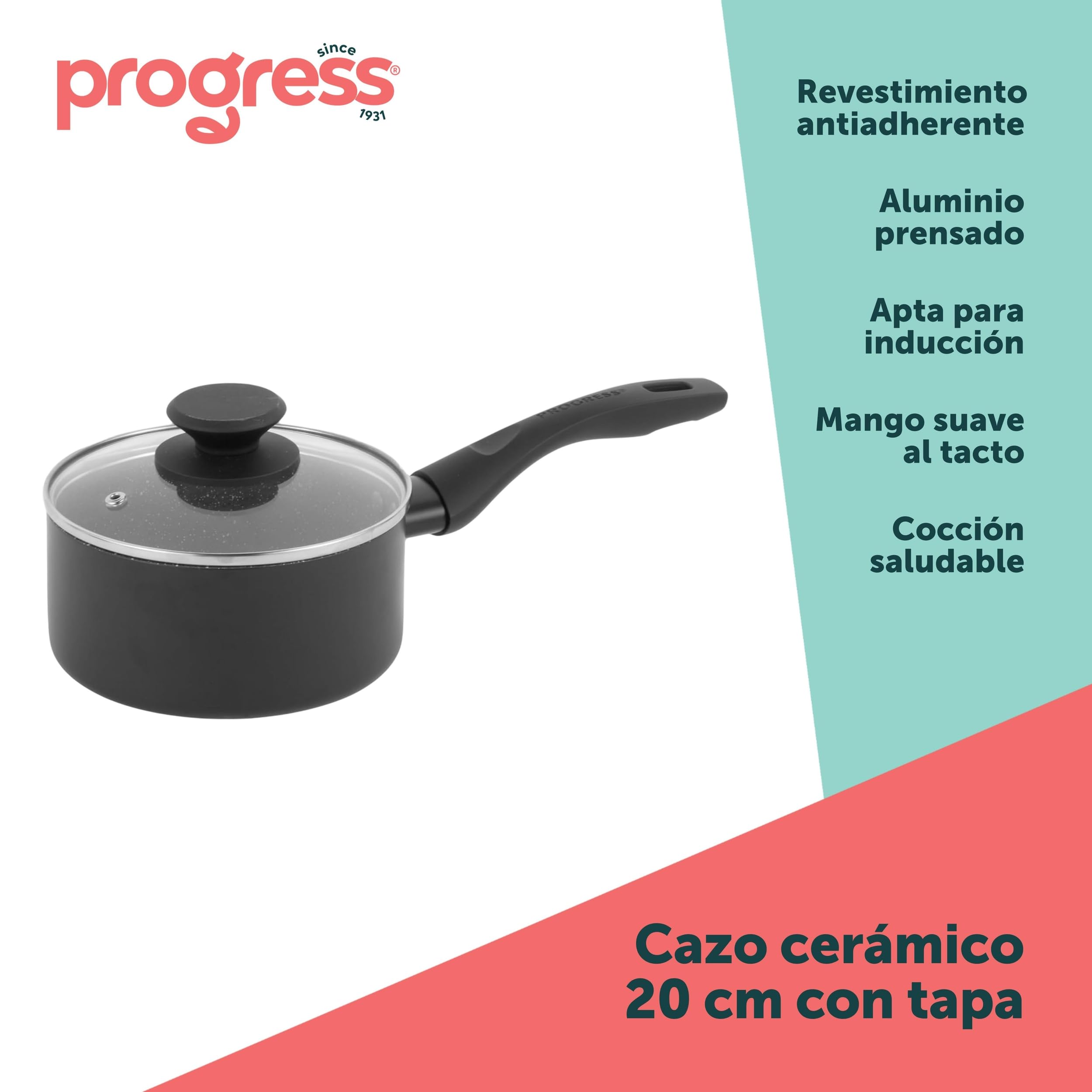 Progress BW12909EU7 Cerámica de Mármol 20 cm Cazo con Tapa – Taza de Cocina Antiadherente con Revestimiento de Mármol Metálico Cerámica, Inducción Adecuada, Aluminio Prensado Ligero