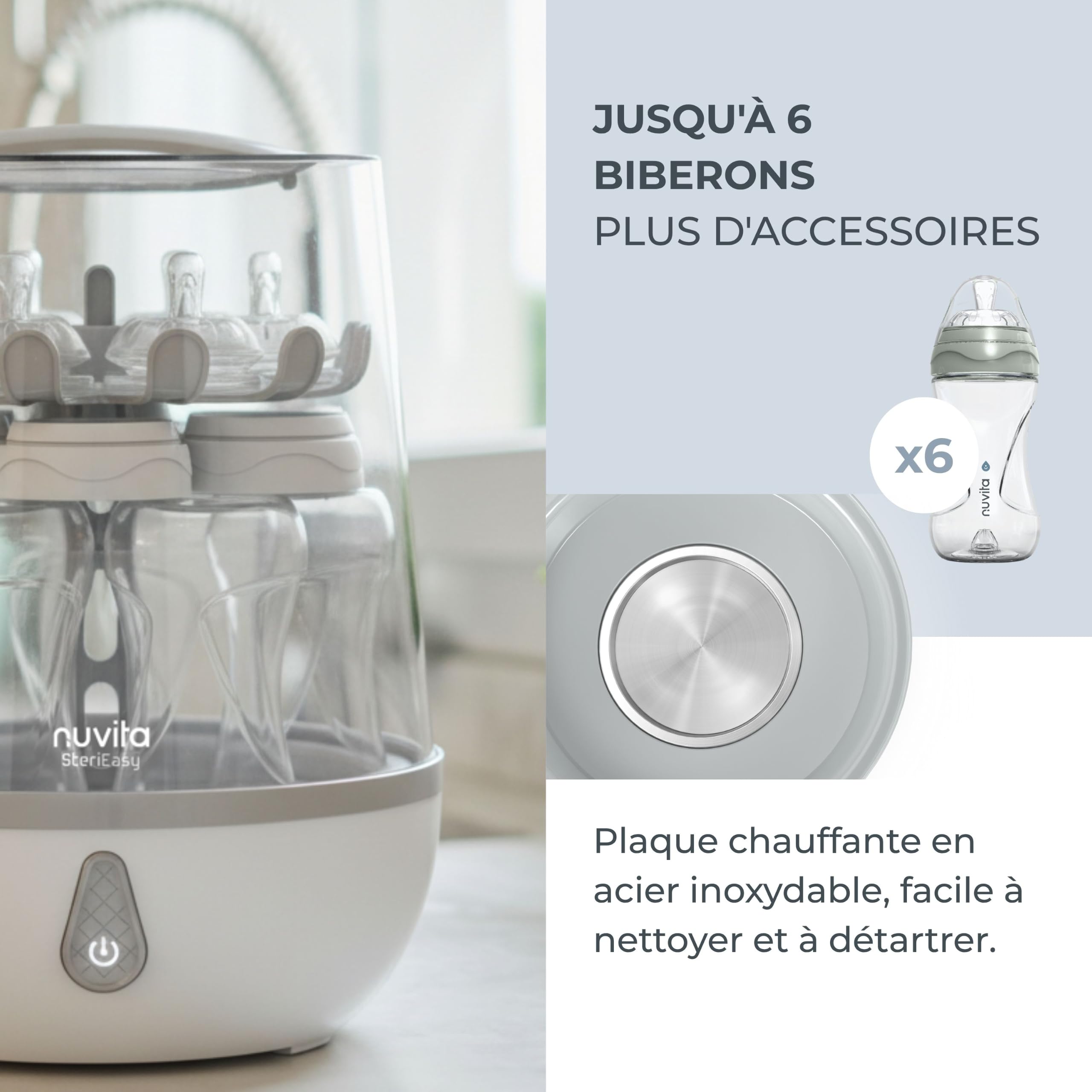 Nuvita STERIEASY 1083 - Sterilisateur Biberons Electrique à Vapeur - Stérilise 6 Biberons en 6 min - Plateau Chauffant en Inox Facile à Nettoyer - Sans BPA - Marque Européenne