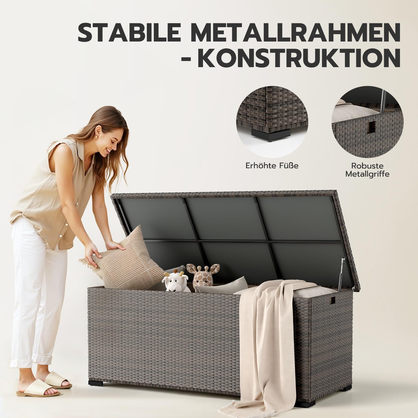 Amopatio Skrzynka ogrodowa 650 l, wodoszczelna, z polirattanu, pudełko do przechowywania, metalowe ze sprężynami gazowymi, skrzynka ogrodowa, odporna na warunki atmosferyczne, do ogrodu, na balkon