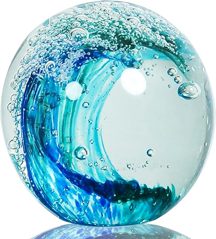 Hand Blown Ocean Wave Glass Ball ：Unique Gift for Beach Lovers，Beach Decorations for Home, Sea Glass Paperweight for Coastal Room Decor, Aquarium & Ocean Themed Decorations