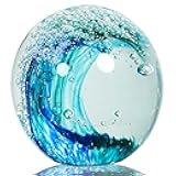 JUYOULE Hand Blown Ocean Wave Glass Ball ：Unique Gift for Beach Lovers，Beach Decorations for Home, Sea Glass Paperweight for Coastal Room Decor, Aquarium & Ocean Themed Decorations