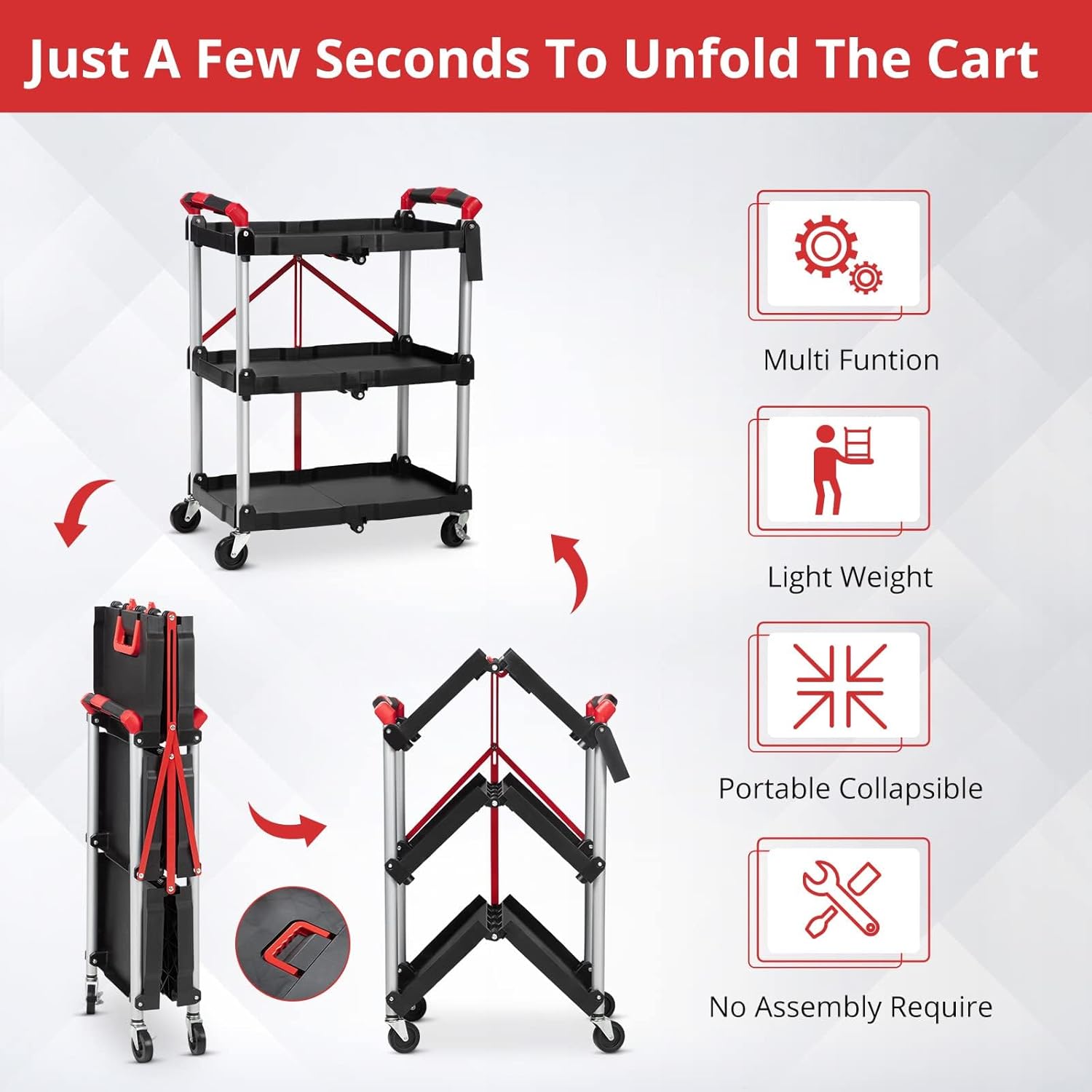 Foldable Utility Carts with Wheels, 3-Tier Holds Folding Rolling Cart with Fixed Rope, Pack-N-Roll Collapsible Service Cart for Home, Office, Garage, and Warehouse - No Assembly Required