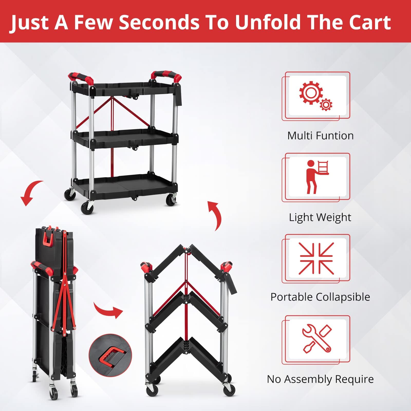 Chariot Pliable à 3 Niveaux, Chariot de Service à roulettes, Capacité 75 kg, Chariot de Cuisine Compact pour la Maison, Le Bureau, Le Garage, 60 x 38 x 83 cm, Noir