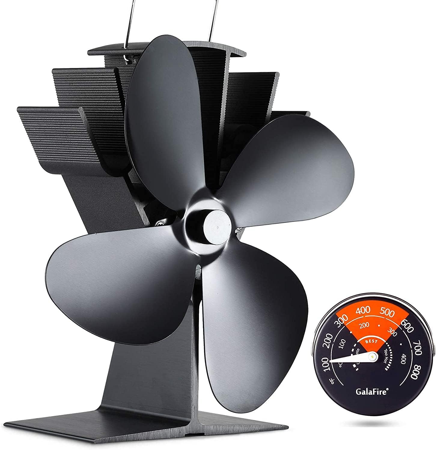 - 4-Blades Heat Powered Wood Stove Fan + Magnetic Thermometer, 122°F Start Non Electric Eco Fireplace Fan for Gas/Pellet/Log/Wood Burning Stoves, Silent Operation, 2-Years, N429, Black