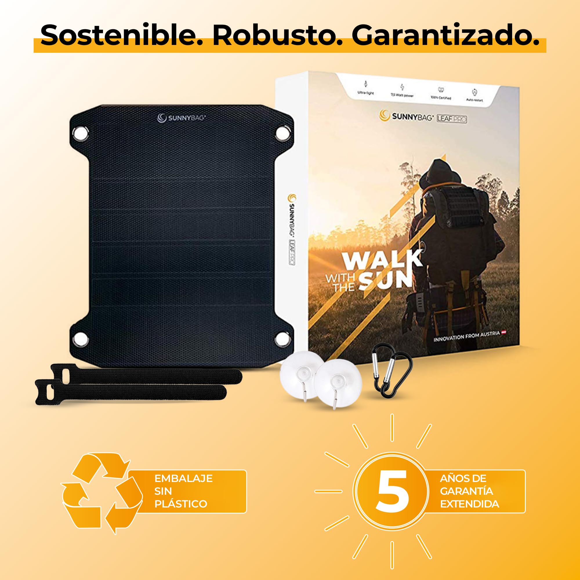 Sunnybag Leaf Pro Panel Solar de 7,5 vatios [Ultraligero, Flexible, Resistente al Agua] - Cargador Solar para Smartphone, Ideal para Senderismo, Acampada - Incluye Cable USB-C con indicador de Carga