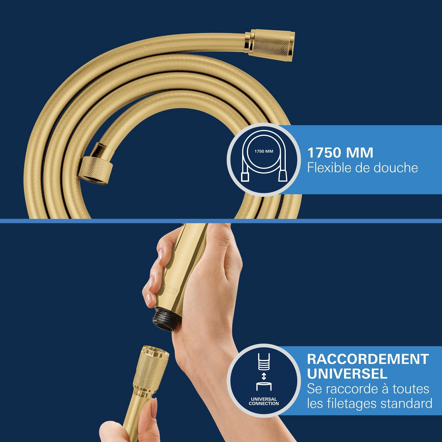 GROHE Flexible de douche salle de bains, Silverflex TwistStop, tuyau de douche 1750mm, anti-pliures, finition couleur dorée, raccord fileté universel 1/2", 28388GL0