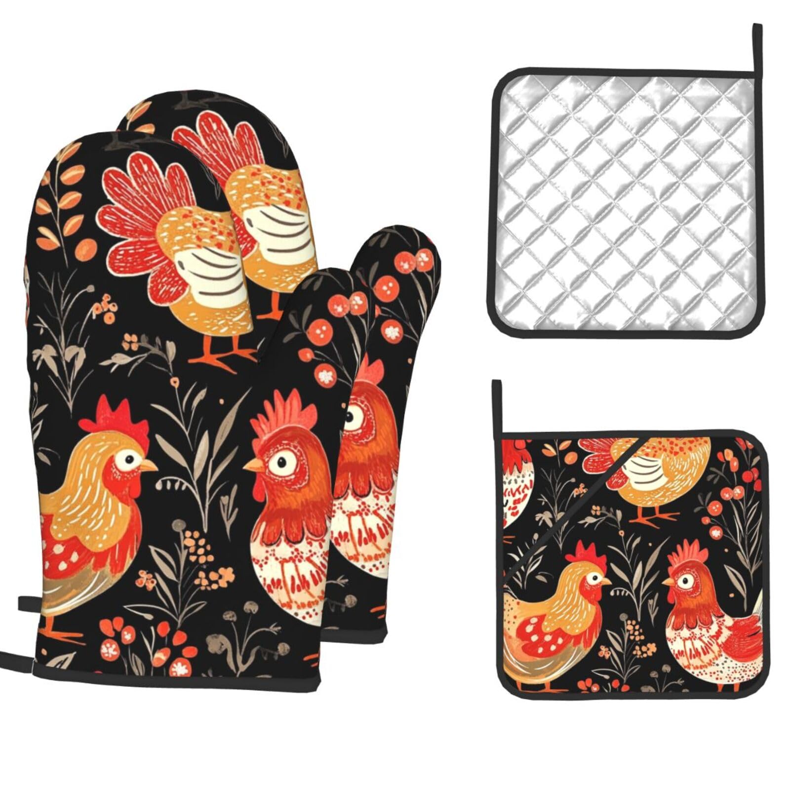 Oven Mitts and Pot Holders Sets of 4 Heat Resistant Oven Gloves Hot Pads Cute Rooster Chickens Non-Slip Kitchen Mitts Potholders for Cooking Baking BBQ Grilling