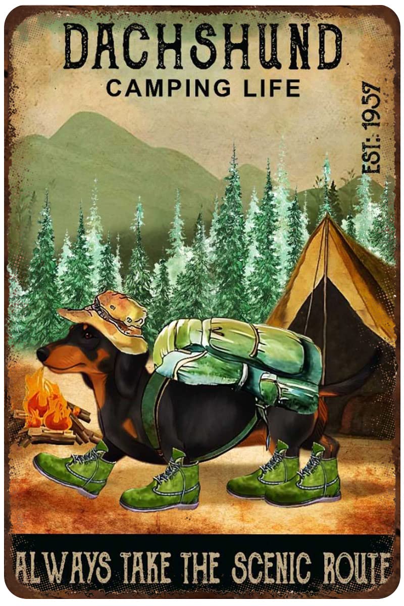 Retro Metal Tin Sign Dachshund Camping Life Camping Dog Always Take The Scenic Route Poster Novelty Sign Vintage Metal Tin Sign Home Wall Sign Plaque Poster 8x12inch