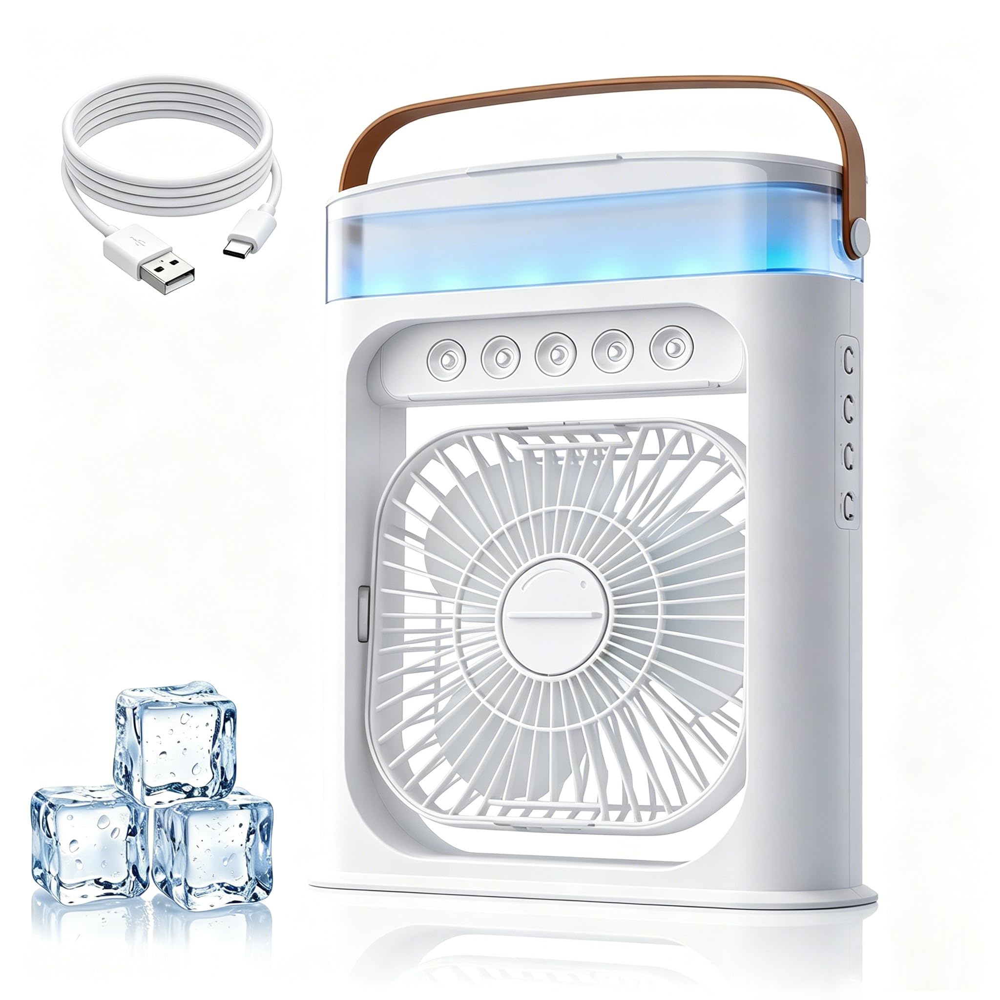 Przenośny mini klimatyzator 4 w 1, chłodnica powietrza 500 ml, przenośna klimatyzacja, chłodnica powietrza, wentylator USB, 3 prędkości, 3 tryby mgły, 7 kolorowych świateł, 1-3 h timer