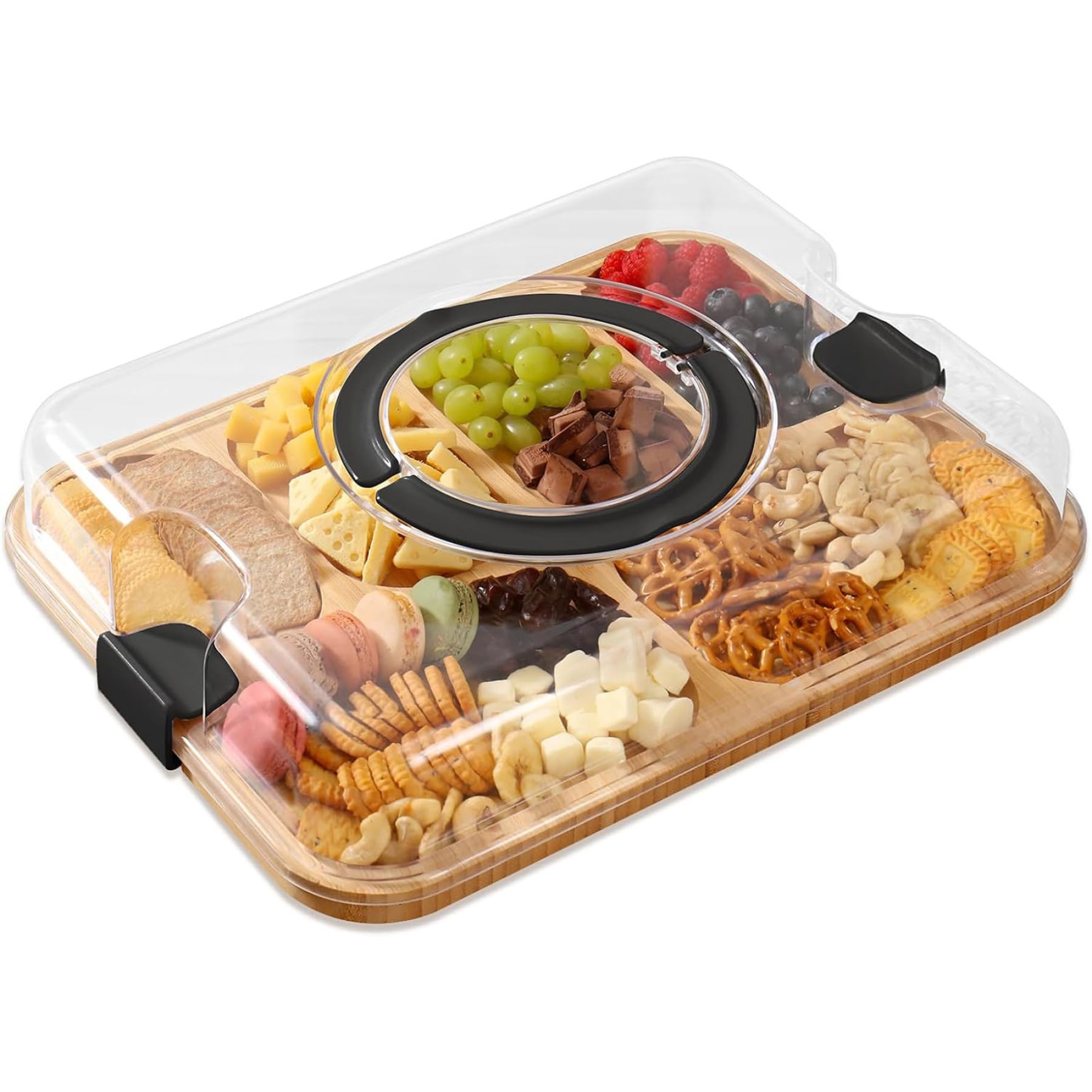 Tabla para embutidos con tapa Tablas para embutidos de bambú con tapa transparente, asas, bandeja para servir 6 compartimentos para aperitivos de comida de cocina