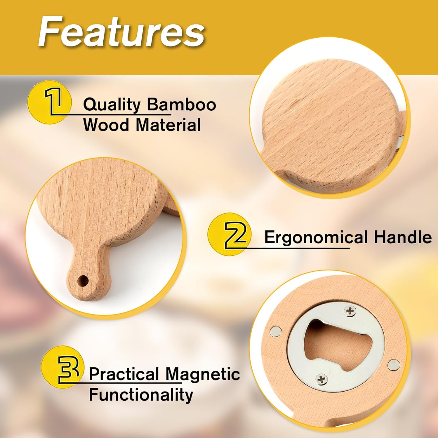 24 Pcs Bottle Opener with Lanyard, Magnetic Bottle Opener DIY Bamboo Round Shape Beer Openers for Fridge Beer Lover Wedding Guest Kitchens Bars Parties