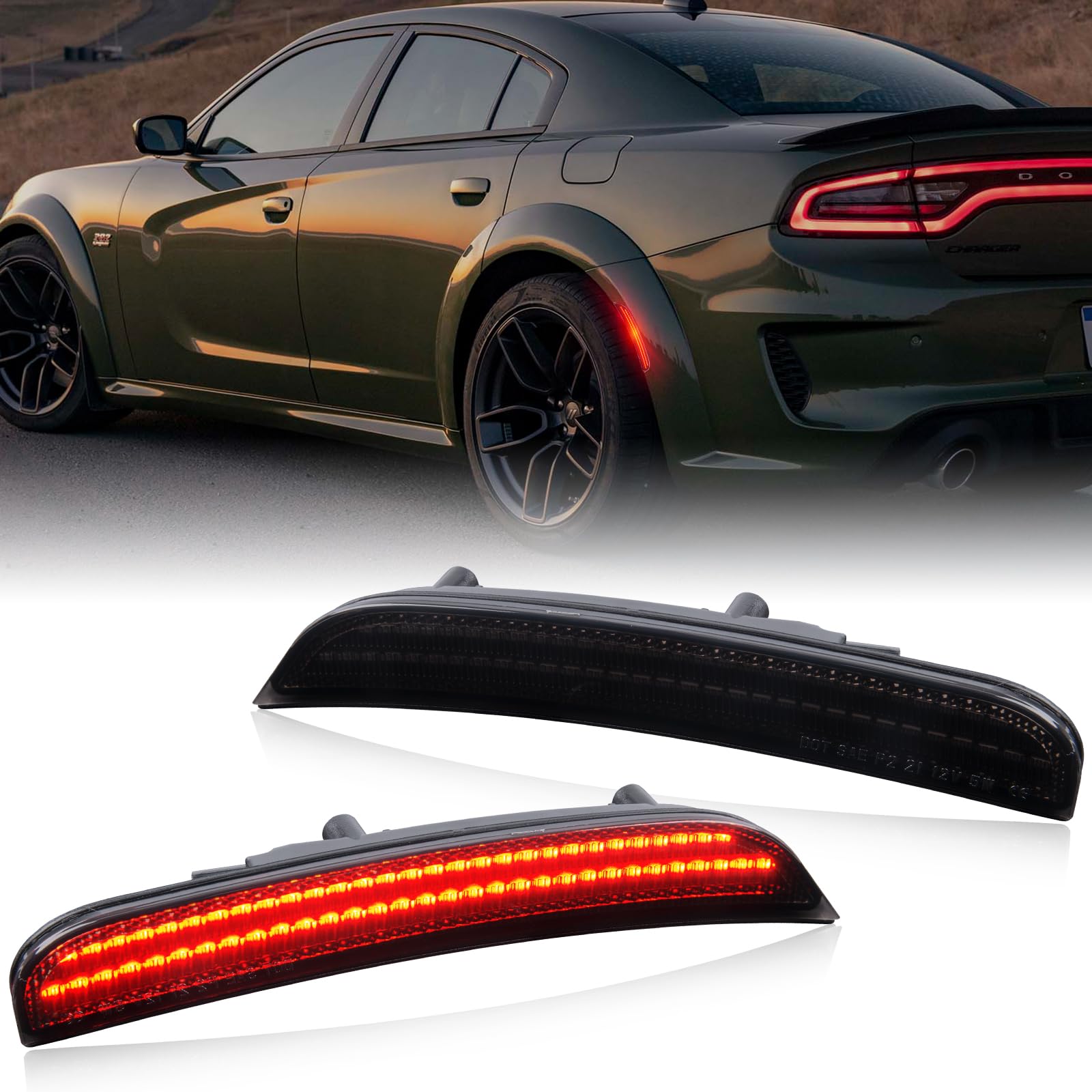 Gempro Red Rear LED Side Marker Lights Compatible with Dodge Charger LD 2015-2023 Bumper Marker Lamps 2PCS, Smoked Len