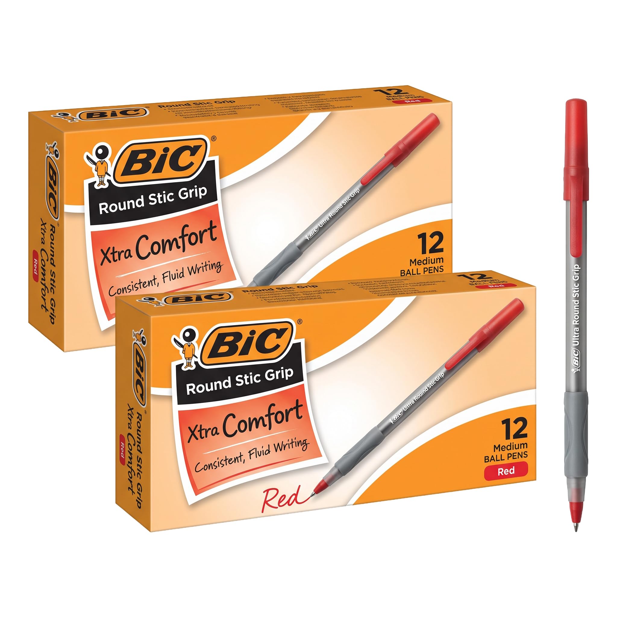 BIC Round Stic Grip Xtra Comfort Red Ballpoint Pens, Medium Point (1.2mm), Excellent Writing Pens With Soft Grip for Superb Comfort and Control 12 Count (Pack of 2)