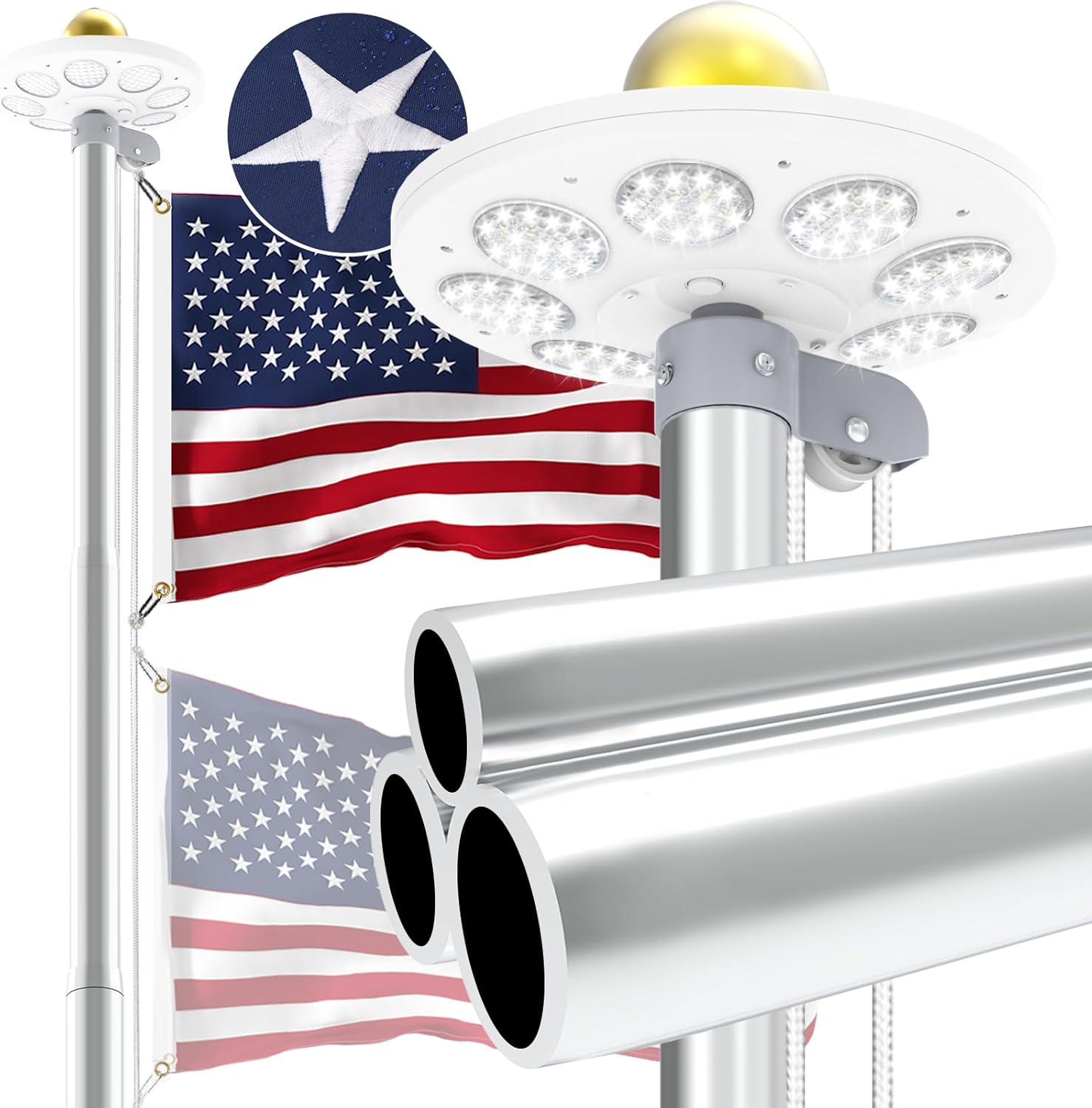 Upgraded 9 Gauge Heavy Duty Flag Pole Kit with 136 LED Ultra Bright Solar Light, 25FT 120 MPH Flagpole for Outside House in Ground, Bottom 3mm Thick & 3in Wide, 300D Thick Flag, Silver