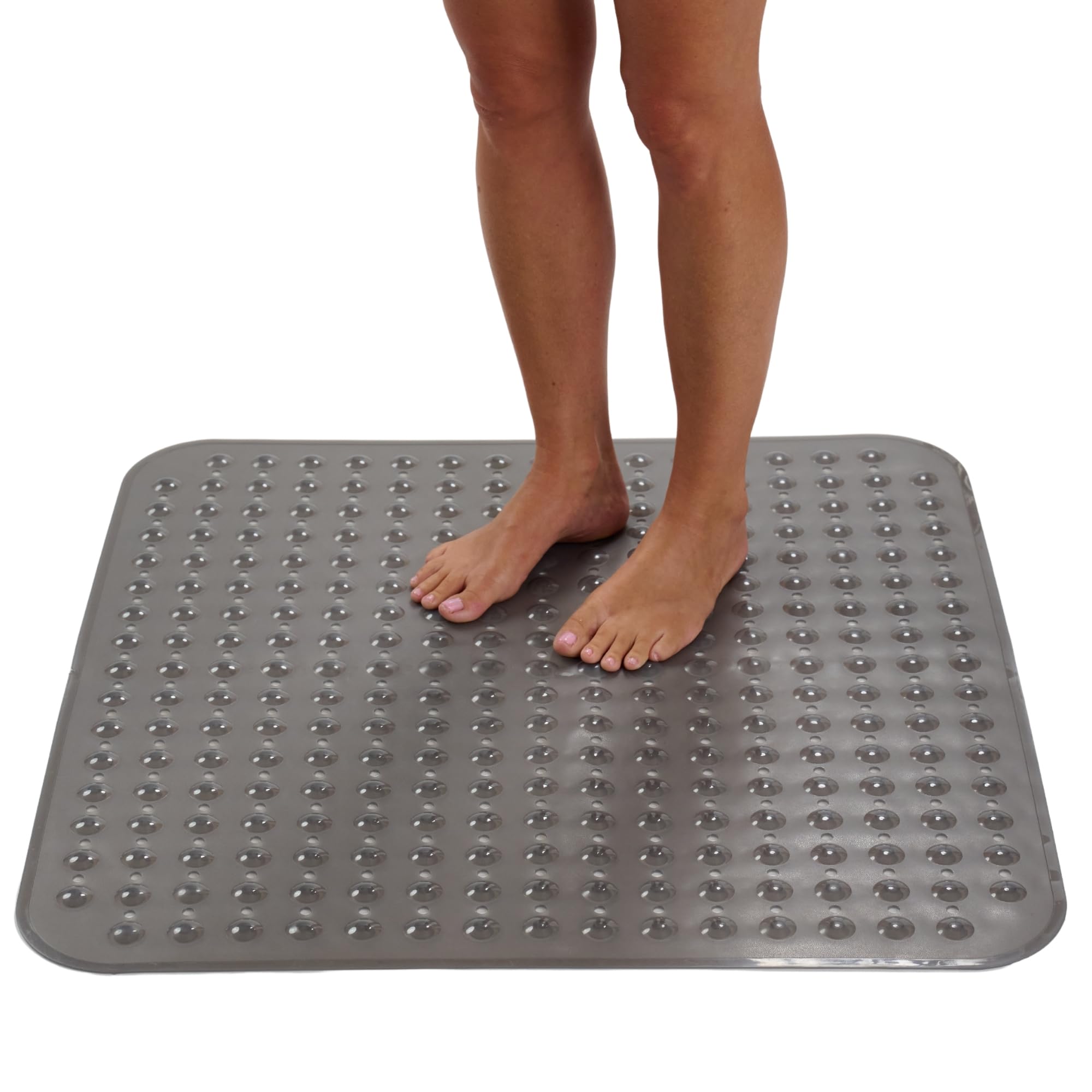 ENKOSI Extra Large Square Non Slip Shower Mat - 31 x 31-inch XL Bathroom Shower Mat - Square Shower Matts for Shower Stall Floors | Secure Suction Cups and Drain Holes (31x31 Clear Gray)