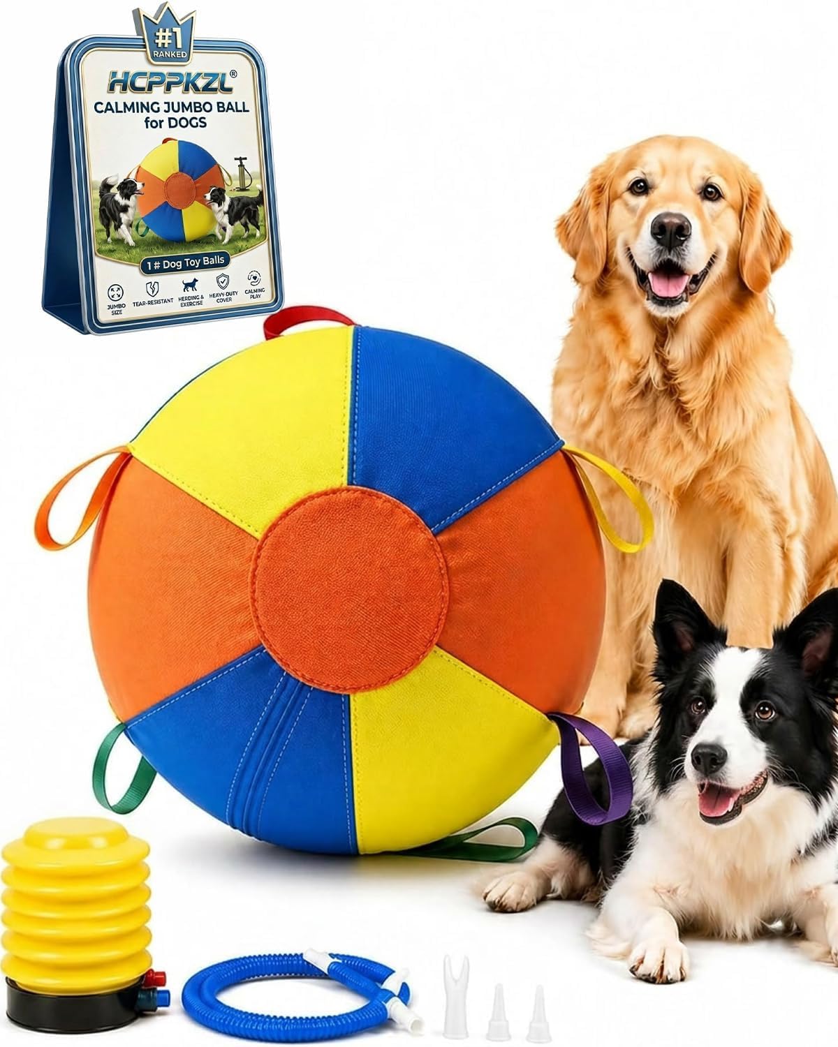 Photo 1 of 10/18/22" Calming Jumbo Ball for Dogs Durable Tear-Resistant Inflatable Big Ball Tough Herding for Play Exercise Toy with Heavy-Duty Handle Cover & Pump Fun Doggy Herding Dog Giant Tennis(A,22in)