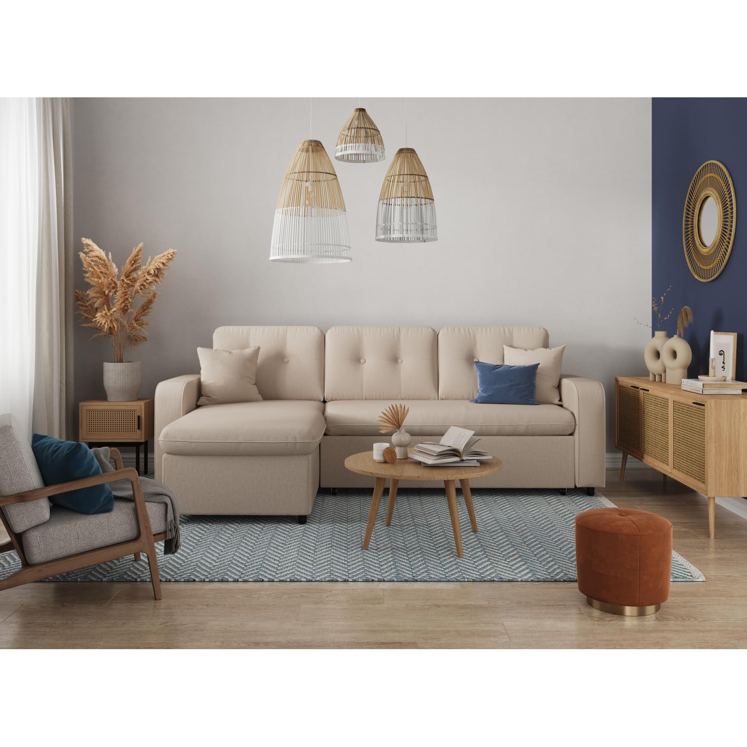LOUNGITUDE Marius - Canapé d'angle Convertible réversible en Tissu - Beige