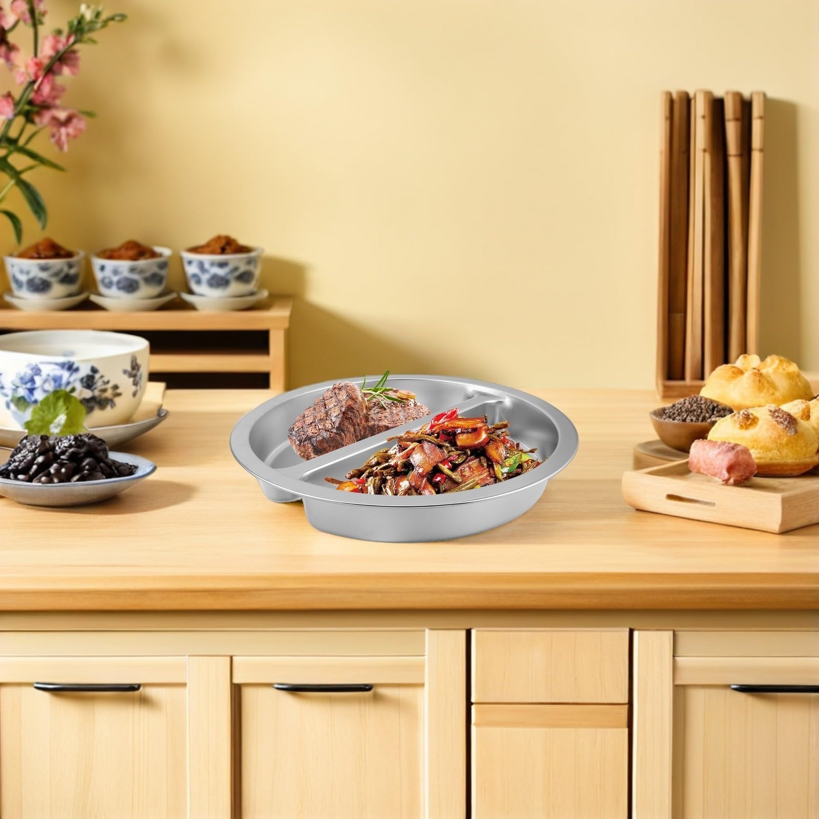 Plato de Buffet Redondo de Acero Inoxidable de 6 L con Doble Compartimento, Diseño Higiénico y Elegante para Fiestas y Hoteles Profesionales