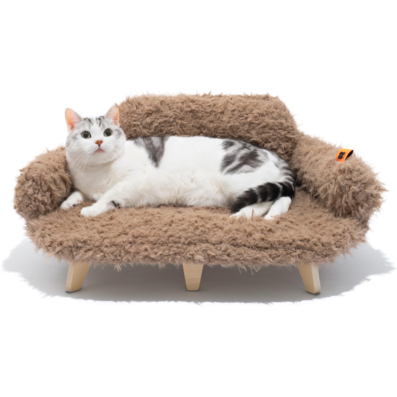 MEWOOFUN Cama para gatos con funda extraíble y lavable, 26 x 18.3 x 8.5 pulgadas, sofá elevado de madera para gatos y perros pequeños a medianos, muebles modernos para mascotas (marrón)