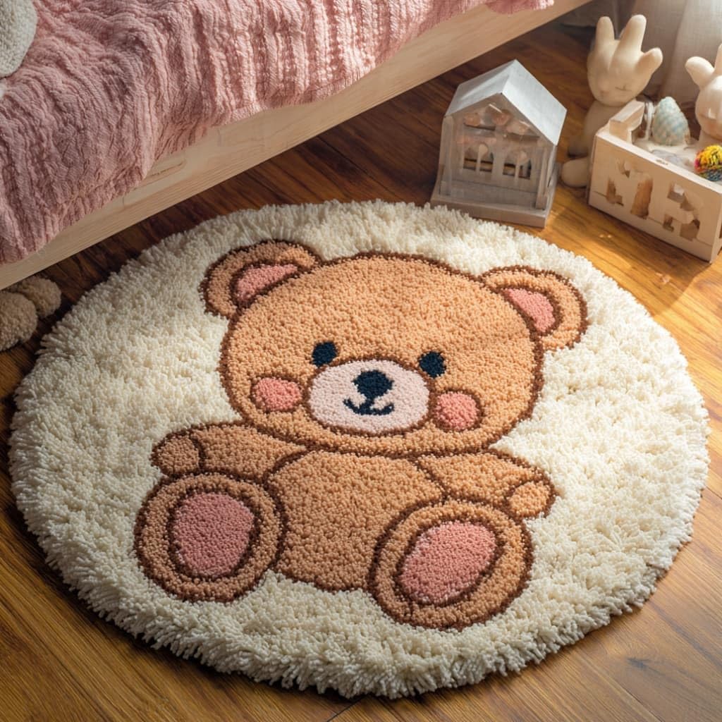 kitphoenix Round Shape Latch Hook Kits Rug Bear DIY Cushion Rug Carpet Making Crochet Hook Kits Preprinted Pattern Canvas Cushion Yarn Hooking Kits Mat Kits 50X50Cm