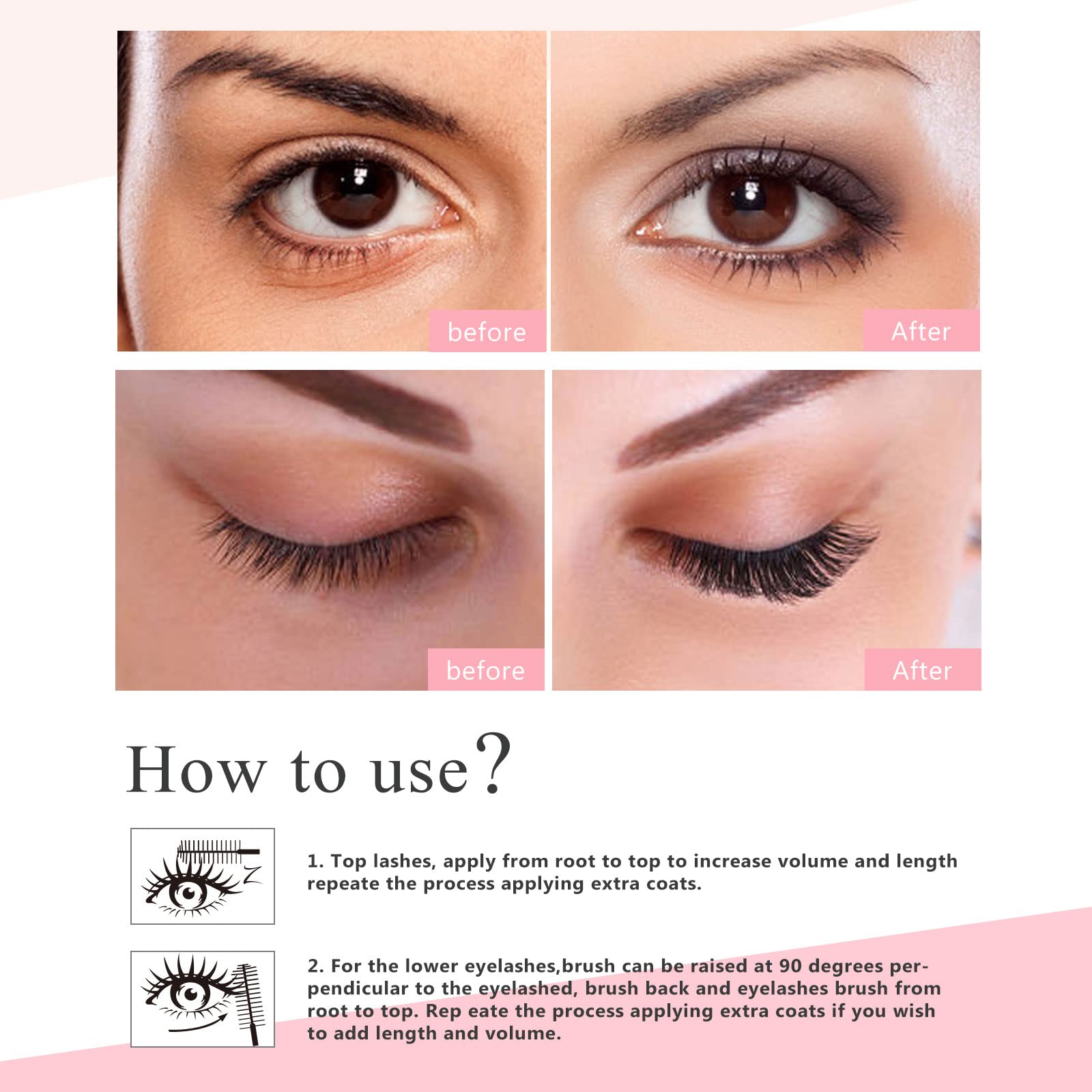 2 Pack 4D Silk Fiber Lash Mascara, Waterproof Very Black Long Lasting Mascara, Lengthening Lifting Multiplying Curling Natural Eyelash Primer Brush, Thickening Softer Lasting All Day, 2 Tube