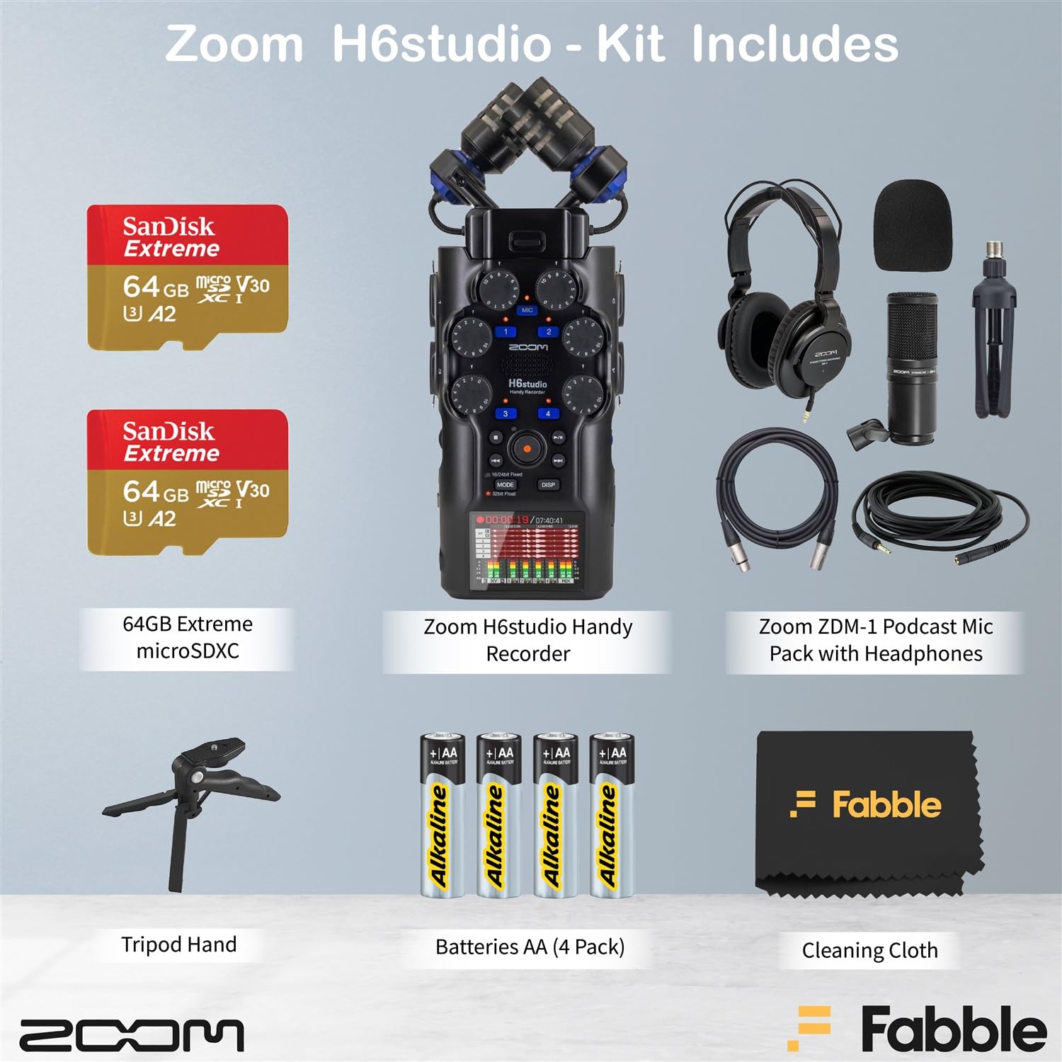 Zoom H6studio Handy Recorder Bundle mit ZDM-1 Podcast-Mikrofonpacks, Kopfhörern, Tischständern, XLR-Kabeln, Windschutzscheiben, 2 Speicherkarten, Batterien und Zubehör
