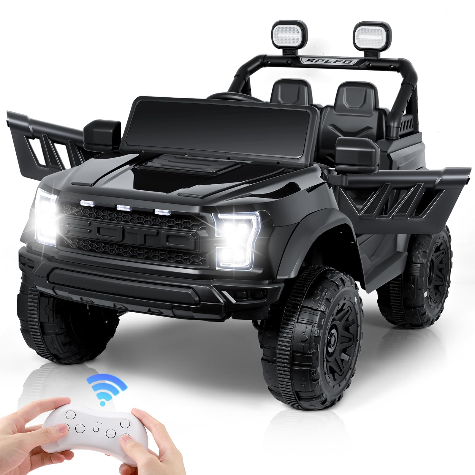 Elektroauto für Kinder, 12 V, mit Fernbedienung, 2,4 G, maximale Tragfähigkeit 50 kg, Fahrzeuge mit LED-Lichtern, Musik, Hupe, USB-Funktionen (Schwarz – Doppelsitz)