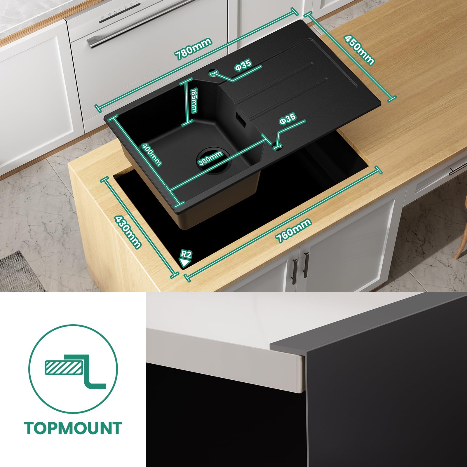 ANYCEE Fregadero Negro 78x45 cm con Escurridor, Fregadero Granito Para Mueble Bajo 45 cm