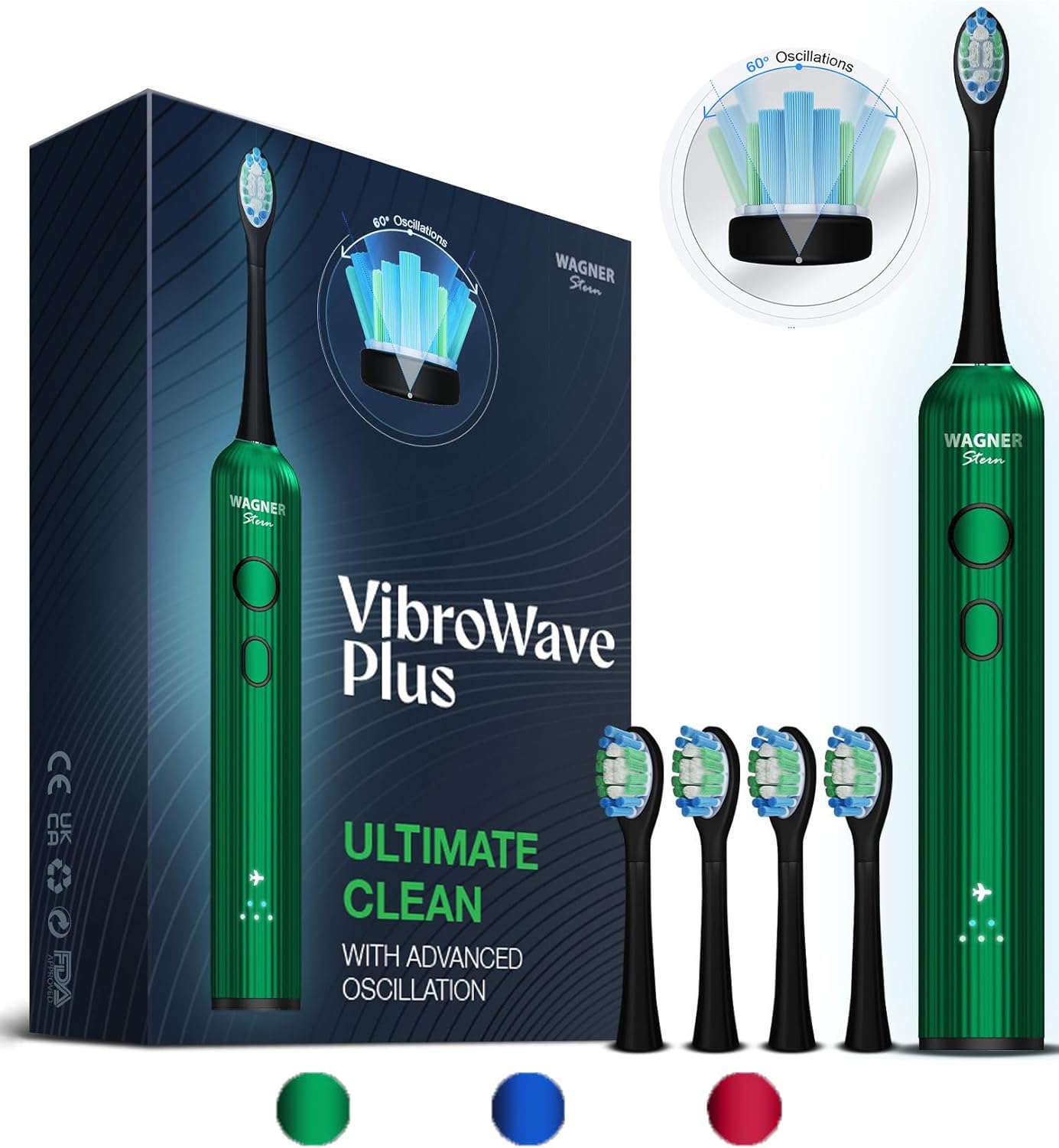 Wagner Stern VibroWave Plus Oscillation & Vibration Sonic Electric Toothbrush with 4 Brush Heads. IPX7 Waterproof. Wagner Stern VibroWave Plus Oscillation & Vibration Sonic Electric Toothbrush with 4 Brush Heads. IPX7 Waterproof.