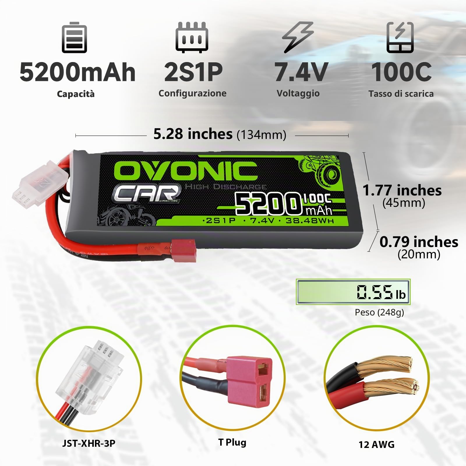 OVONIC 2s Batterie Lipo 5200mAh 100C 7.4V Custodia Morbida con Connettore per RC Elicottero RC Auto Camion Barca Hobby (2 pezzi)