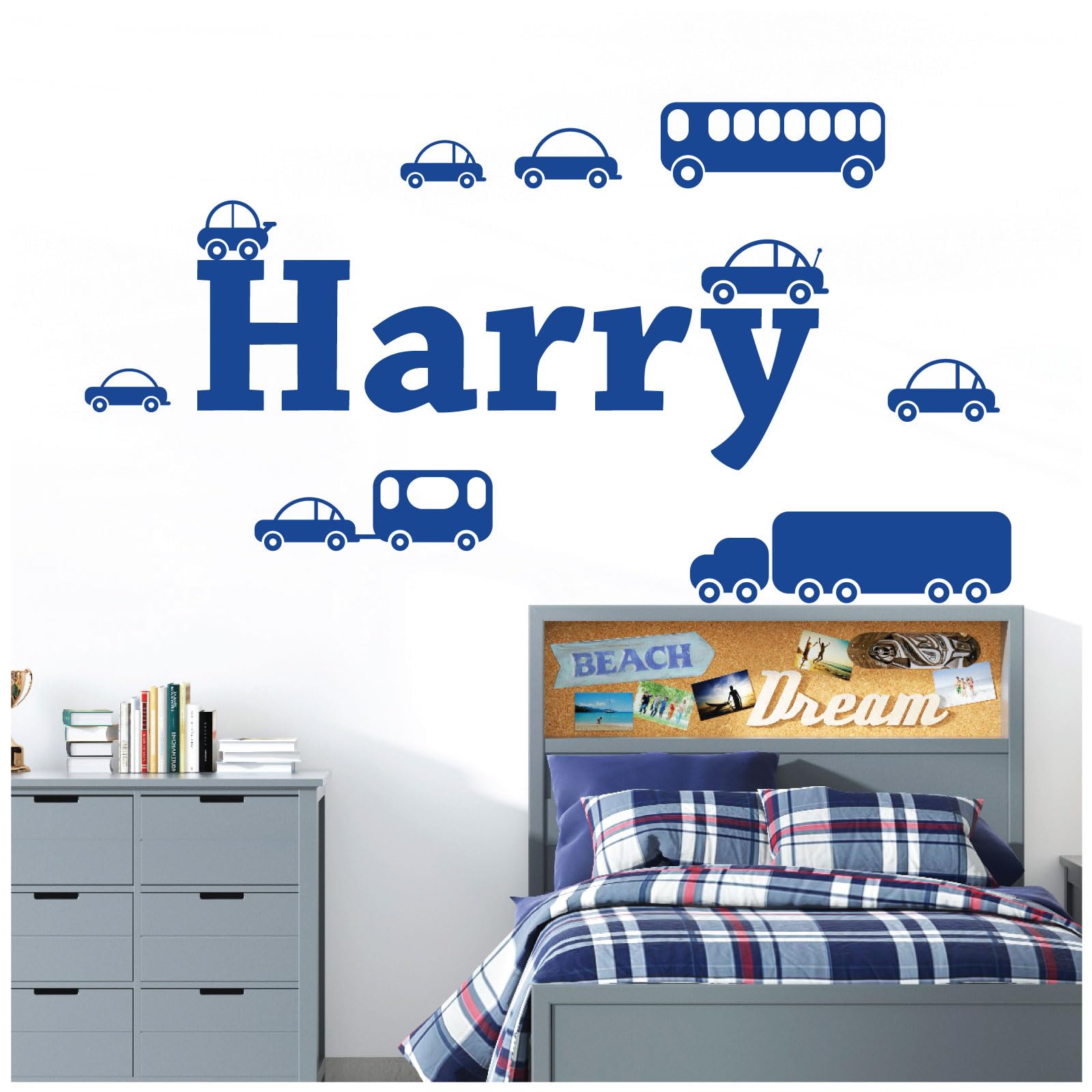 Personalised Name Boys Wall Art Sticker - Cartoon Trucks, Cars, Bus, Caravan, Taxi Set [Medium] [Mid Blue] — image 1
