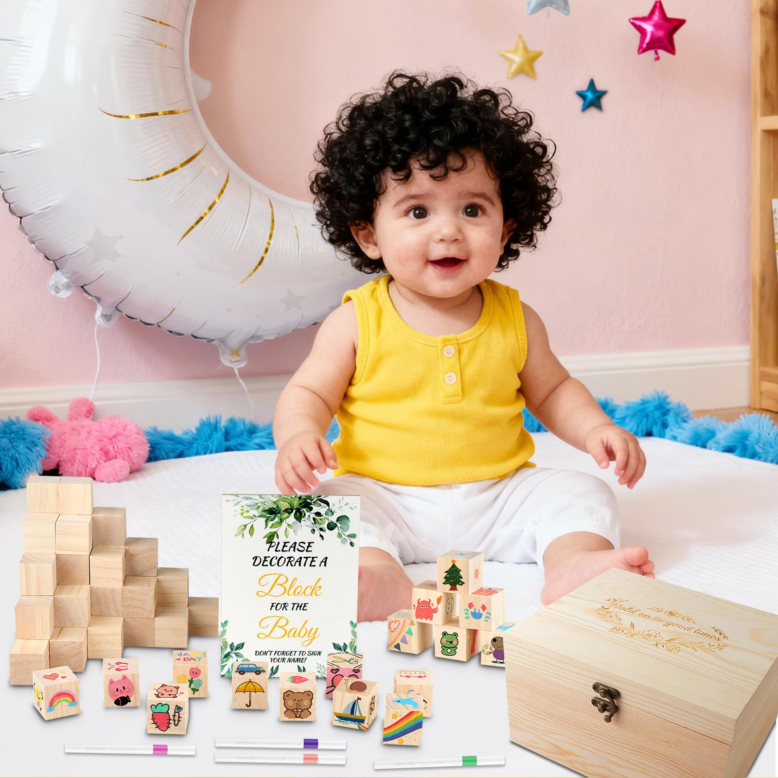 Juego de construcción de 93 piezas para baby shower con 60 cubos de madera para pintar + 24 lápices acrílicos + 6 plantillas + cartel de madera blanco + caja de madera baby shower