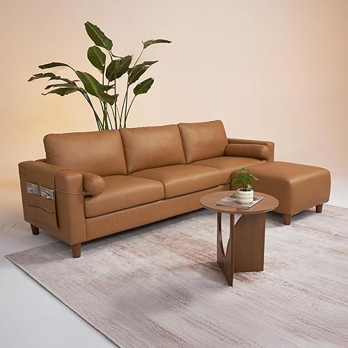 Vesgantti 100" L Shaped Faux Leather Couch with Movable Ottoman, 3 Seater PU Leather Sectional Sofa with Side Pocket, Mid Century Modern Modular Couch for Living Room, Bedroom, Cognac Tan