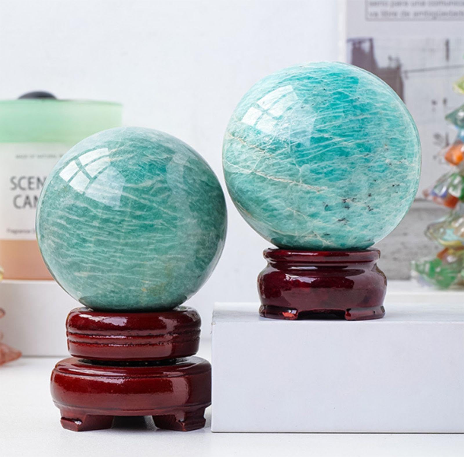 Naturalny Amazonit Feng Shui Mineralny Kamień Szlachetny Kula Uzdrawiająca Kryształowa Kula Rzeźba Figurka Z Drewnianym Stojakiem Do Dekoracji Wnętrz Wróżbiarstwo,75-80mm
