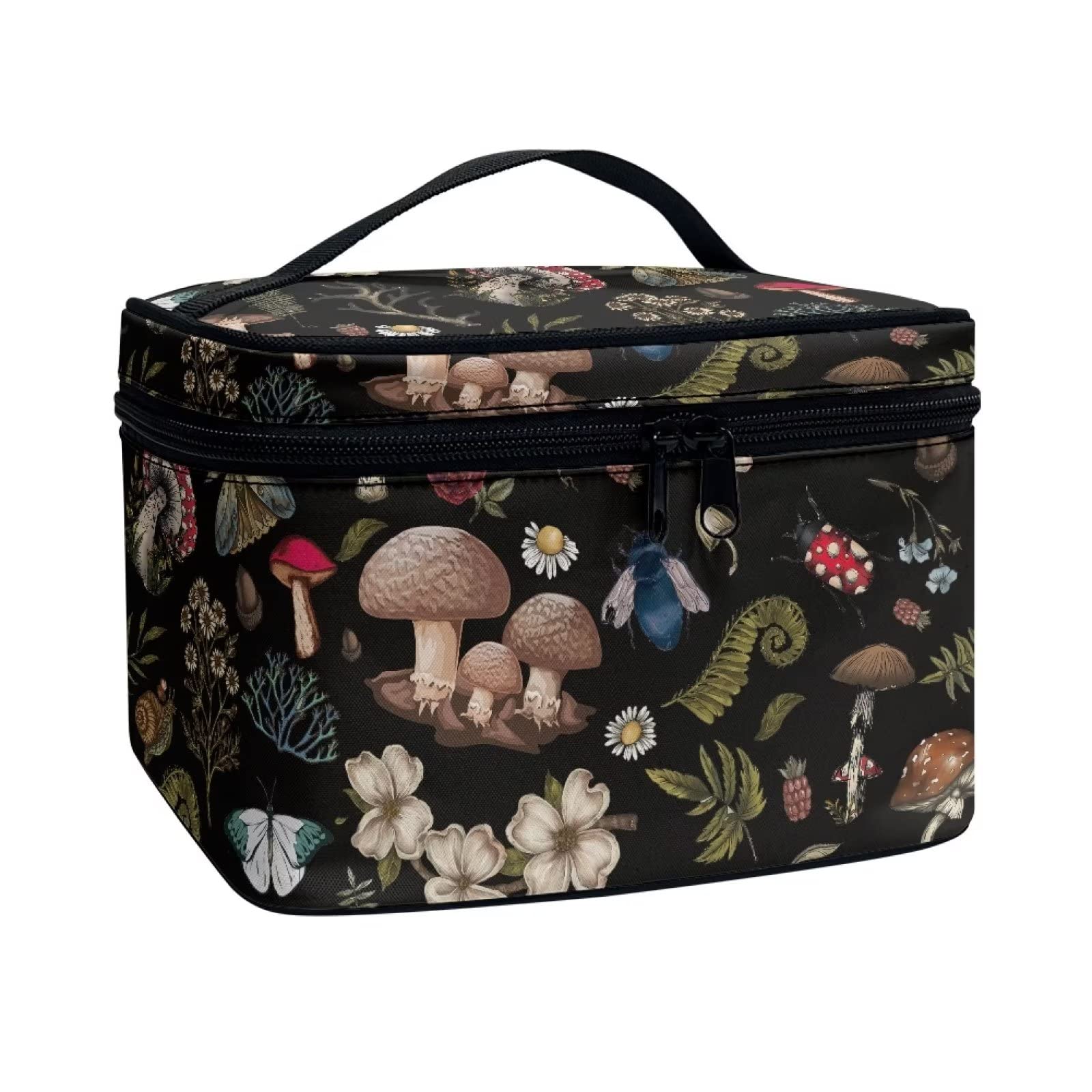 Drydeepin Dark Cottagecore Forest Mystical Moss Mushroom Print Makeup Travel Bag Portable Cosmetic Bags with Handle Travel Accessories Large Toiletry