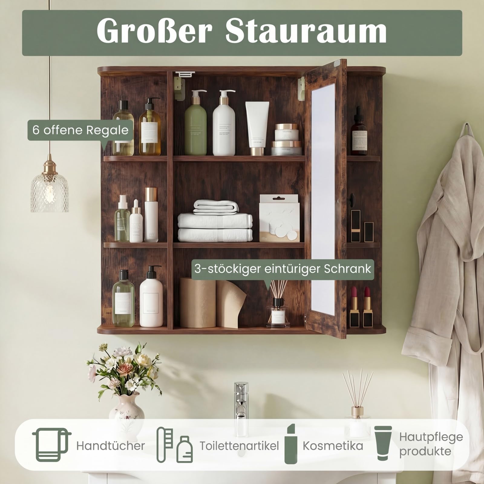 COSTWAY Spiegelschrank Bad, Badezimmerschrank mit Spiegel, Badschrank mit 3 Innenablagen & 6 offenen Fächern, Einbau- oder Aufputz-Wandschrank mit Einzeltür, 66 x 16,5 x 63 cm (Rustikales Braun)
