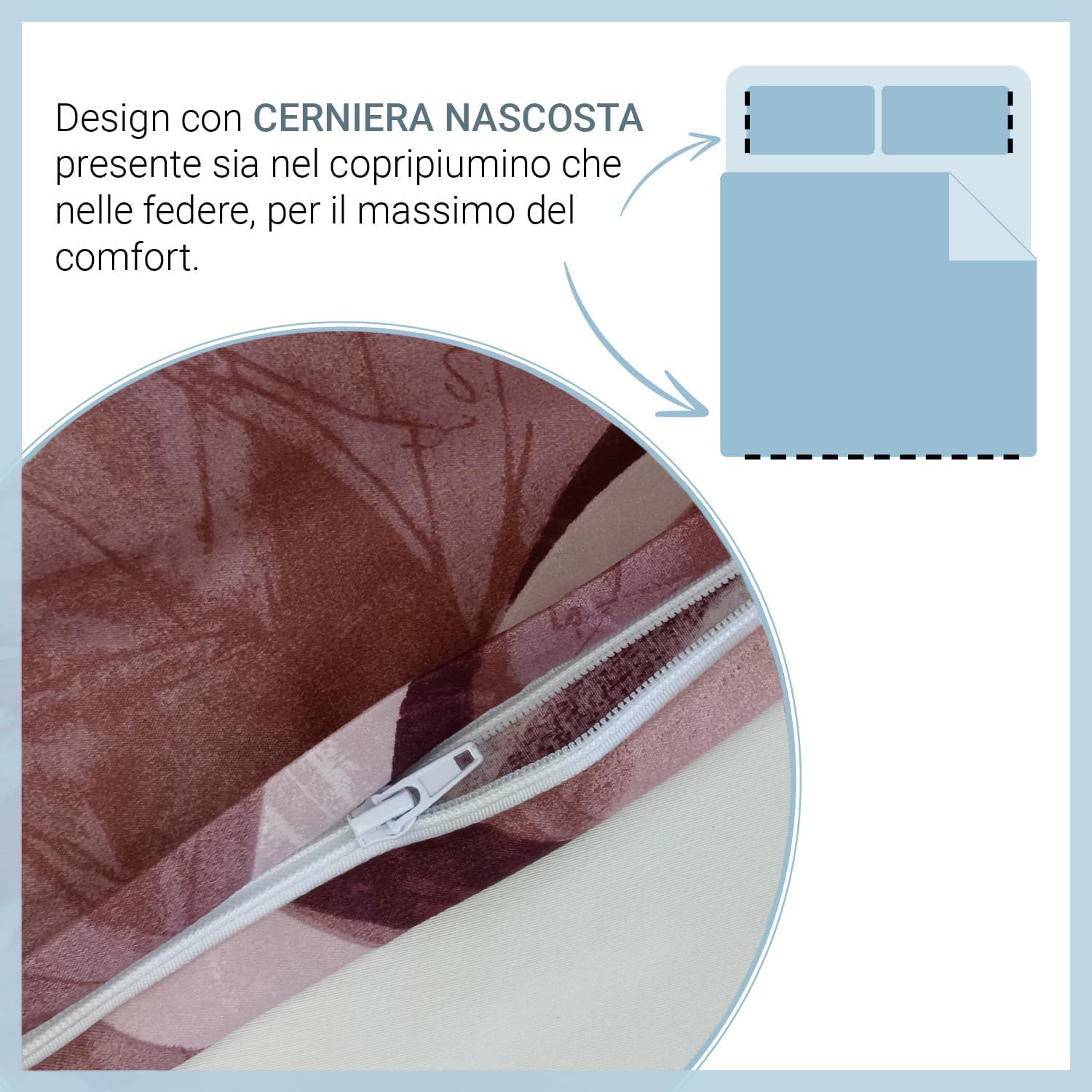 Banzaii Housse de Couette 240x220 cm avec Fermeture à Glissière et Lacets 100% Microfibre et 2 Housses de Couette avec Fermeture à Glissière 65x65 cm, Made in Italy, Nicole Bordeaux