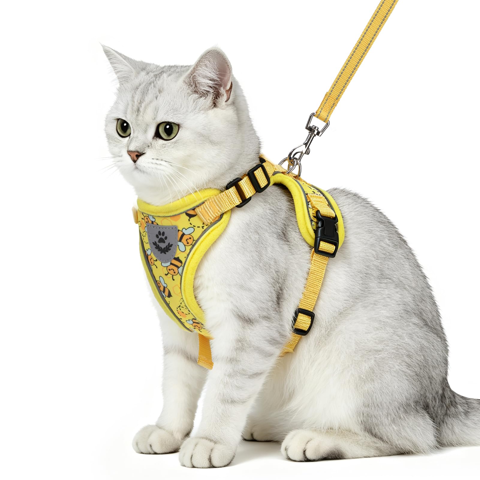 PUPTECK Cat Harness and Leash Set Escape Proof Reflective Cat Walking Harness Adjustable Soft Breathable Mesh Vest for Small Pets, Yellow Bee, S