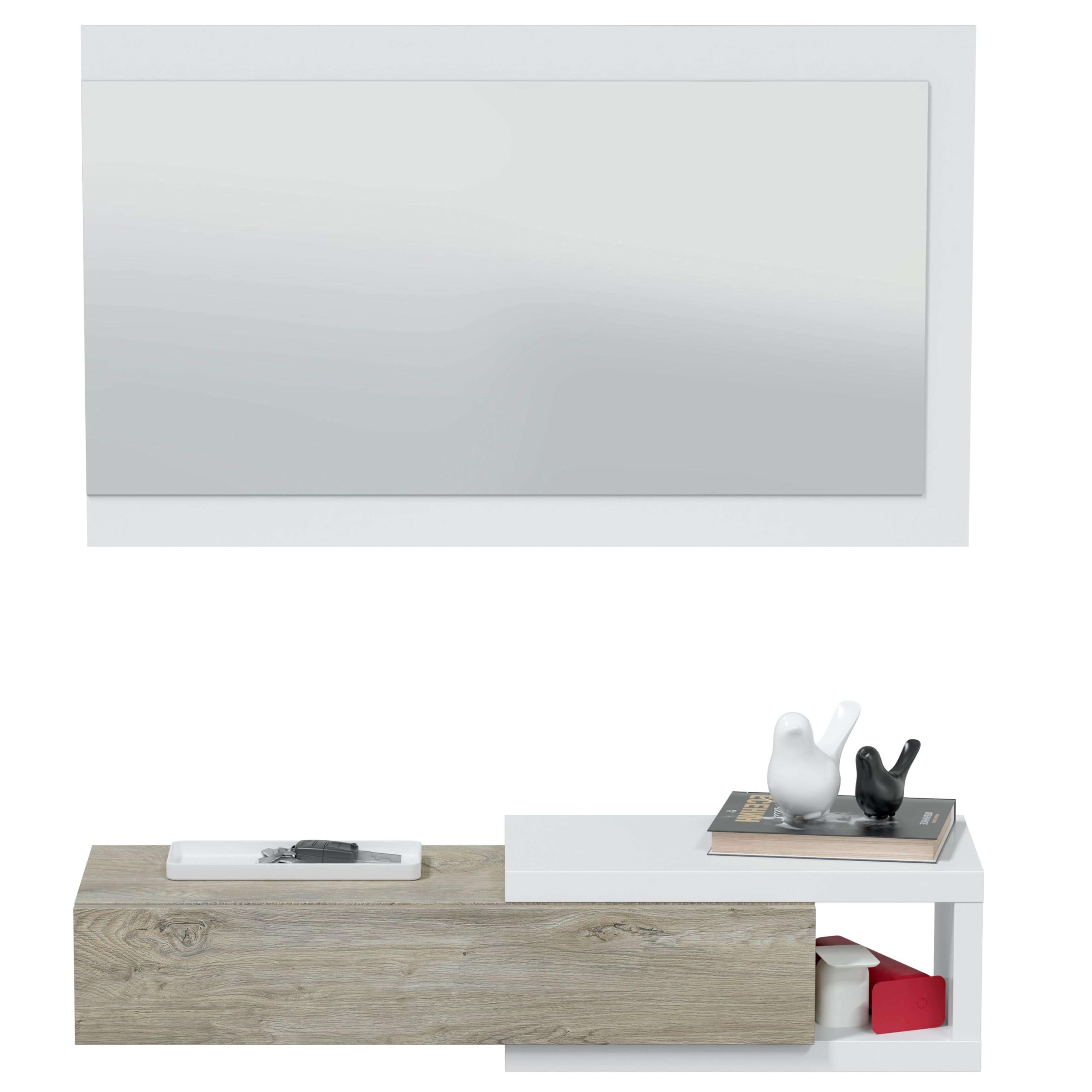 Habitdesign Recibidor con Cajon y Espejo, Mueble de Entrada, Modelo Noon, Acabado en Blanco Artik y Roble Alaska, Medidas: 95 cm (Ancho) x 19 cm (Alto) x 26 cm (Fondo)