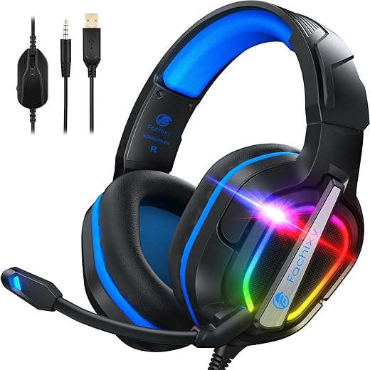 Fachixy [2023 New FC200 PC Gaming Headset for PS4/PS5/Xbox One, Noise Canceling Headset with Stereo Microphone Sound, Computer Headset with 3.5mm Jack & RGB Light